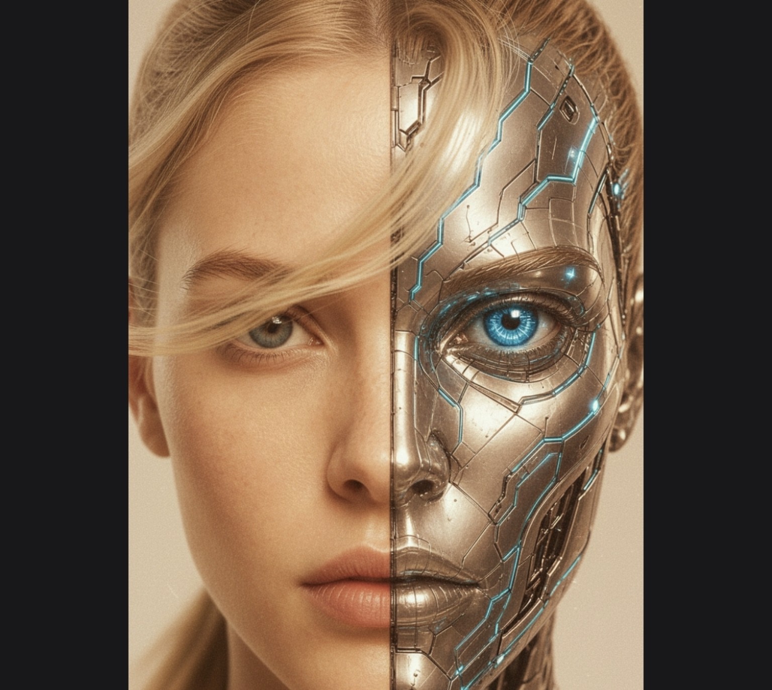 VUSERA portrait combining a human face with gold robotics